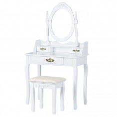 Set Masa Toaleta pentru Machiaj cu Oglinda Ovala si Sertare + Scaun, Stil Victorian, Culoare Alb foto