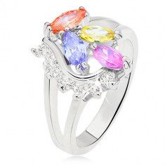 Inel cu braţe bifurcate, ştrasuri colorate, în formă de bob, linie convexă cu ştrasuri transparente - Marime inel: 56