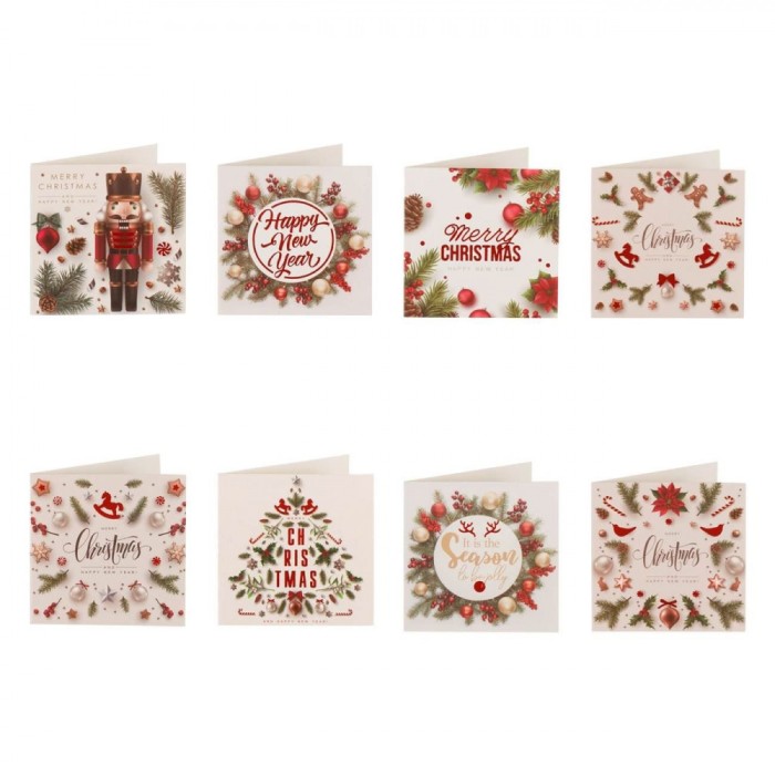 Felicitări Crăciun, Model Multicolor, Mici, Set 8 Bucăți, 6x6 cm, Cu șiret Roșu