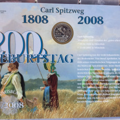 GERMANIA - FDC + MONEDA PROOF - 10 EURO 2008 F, 200 ANI NASTEREA CARL SPITZWEG