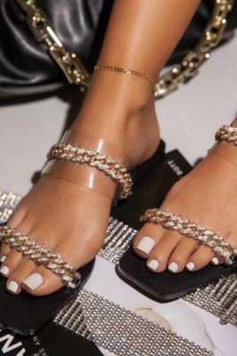 CH25-177 Sandale casual cu varf drept si lant auriu foto