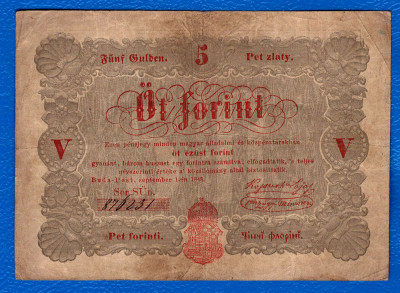 (2) BANCNOTA UNGARIA - 5 FORINT 1848, SEMNATURA KOSSUTH, SERIE SCRISA MANUAL foto