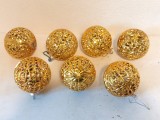 Lot 7 globuri vechi, decor brad / pom de Craciun,West Germany, auriu, plastic, cca 8cm diametru, anii 70-80