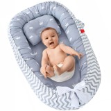 Cosulet Bebelusi pentru Dormit tip Baby Nest, Linomag&reg;, cu Doua Fete, 0-24 Luni, 90x55cm, Husa Bumbac, Confort &amp; Siguranta, Gri deschis/Gri inchis