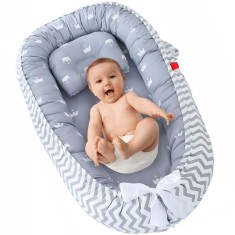 Cosulet Bebelusi pentru Dormit tip Baby Nest, Linomag&reg;, cu Doua Fete, 0-24 Luni, 90x55cm, Husa Bumbac, Confort &amp; Siguranta, Gri deschis/Gri inchis