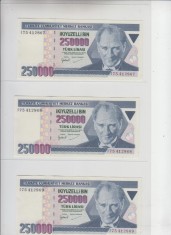B11 4 - Bancnota foarte veche - Turcia - 250 000 lire - 3 bucati serii consecutive