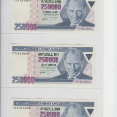 M1 - Bancnota foarte veche - Turcia - 250 000 lire - 3 bucati serii consecutive