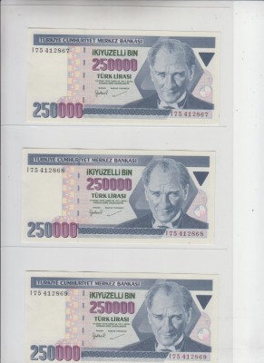 B11 4 - Bancnota foarte veche - Turcia - 250 000 lire - 3 bucati serii consecutive foto