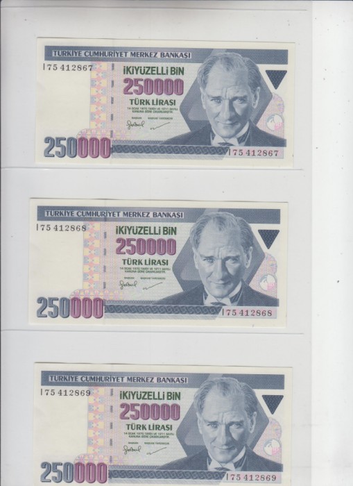 B11 4 - Bancnota foarte veche - Turcia - 250 000 lire - 3 bucati serii consecutive