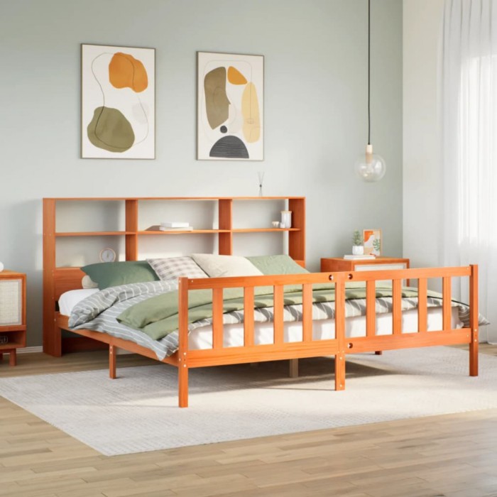vidaXL Pat cu bibliotecă fără saltea maro 180x200 cm lemn masiv de pin 3321725