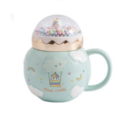 Cana din ceramica cu capac Pufo Unicorn World pentru cafea sau ceai, 400 ml, verde foto