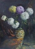 Constantin Ionescu - Constion - Vas cu crizanteme, Ulei pe Carton, 70x50cm, Pictura semnata