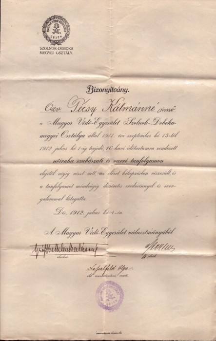 A3147N Certificat de croitoreasă pentru femei, 1912, Dej, județul Cluj