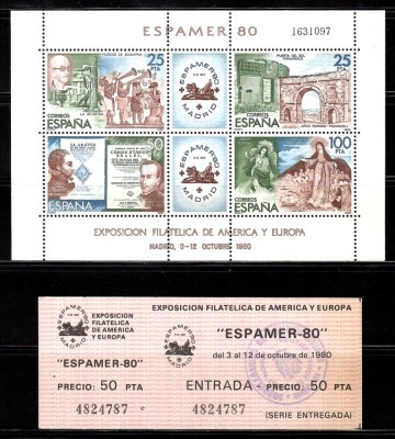 Spania1980-Expo.Internationala Filatelica ESPAMER 80,Colita+bilet de intrare,MNH foto