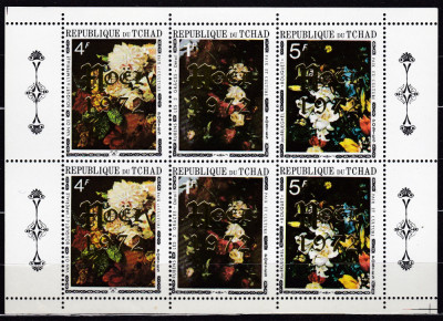 DB1 Pictura Tchad Ciad Bruegel Flori Supratipar Auriu MS MNH foto