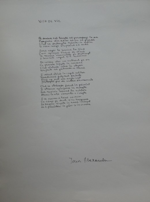 Manuscris de expozitie scris olograf de poetul Ioan Alexandru, poezia Vita de vie
