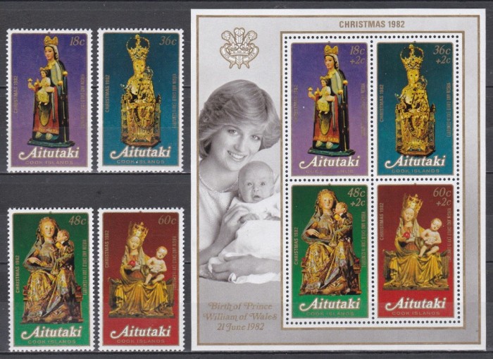 Aitutaki (Cook Islands) 1982 - Crăciun 1982 - Sculpturi &bdquo;Fecioara și Pruncul&rdquo; din sec. XII-XV, Serie + Colita, MNH