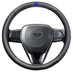 Husa volan Panda, tip fibra carbon, cu insertii piele ecologica perforata, negru cu detaliu albastru, 38 cm