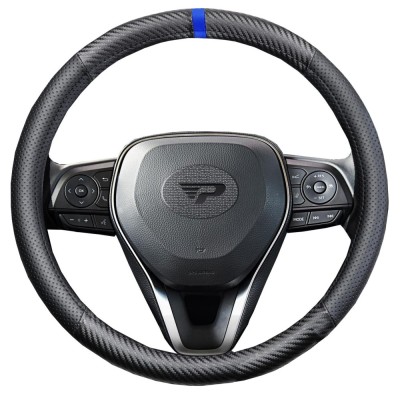 Husa volan Panda, tip fibra carbon, cu insertii piele ecologica perforata, negru cu detaliu albastru, 38 cm Automobile ProTravel foto