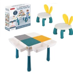 Masa lego multifunctionala 7 in 1 cu doua scaune incluse WePro Store, mod pentru nisip, apa, studiu, depozitare jucarii, diferite activitati, Multicol