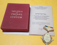 SV * INSIGNA DE ONOARE UCECOM + CUTIE ORIGINALA + STATUT 1978 * CLASA I-a RSR foto