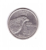 Moneda SUA 25 centi/quarter dollar 2007 D, Idaho 1890, stare foarte buna, curata, America de Nord, Nichel