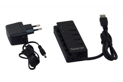 HUB extern SPACER, porturi USB: USB 3.0 x 4, Port USB Quick Charge x 1, conectare prin USB 3.0, Alimentare retea 220V,negru, &amp;quot;SPH-4USB30-1QC&amp;quot; (timbru foto