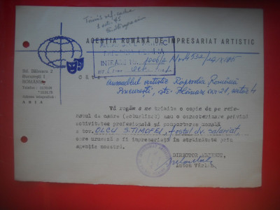 HOPCT DOCUMENT VECHI NR 287 AGENTIA ROMANA IMPRESARIAT ARTISTIC 1975 BUCURESTI foto