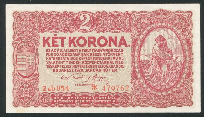 q460 UNGARIA 2 KORONA COROANE 1920 aUNC text in limba romana