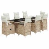 Cumpara ieftin Set bistro de gradina, 9 piese, cu perne, bej, poliratan