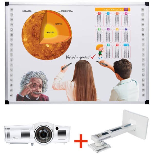 Pachet Tabla interactiva de 102&amp;#8243;, VISUAL Genius, tehnologie tactila IR, 20 puncte de atingere, suport perete