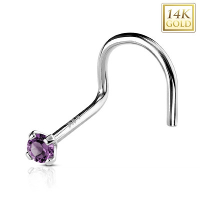 Piercing curbat din aur alb de 14K pentru nas, zirconiu violet, 2mm foto