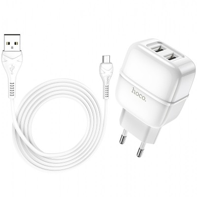 Incarcator Retea cu cablu MicroUSB HOCO C77A, 2 X USB, Alb foto