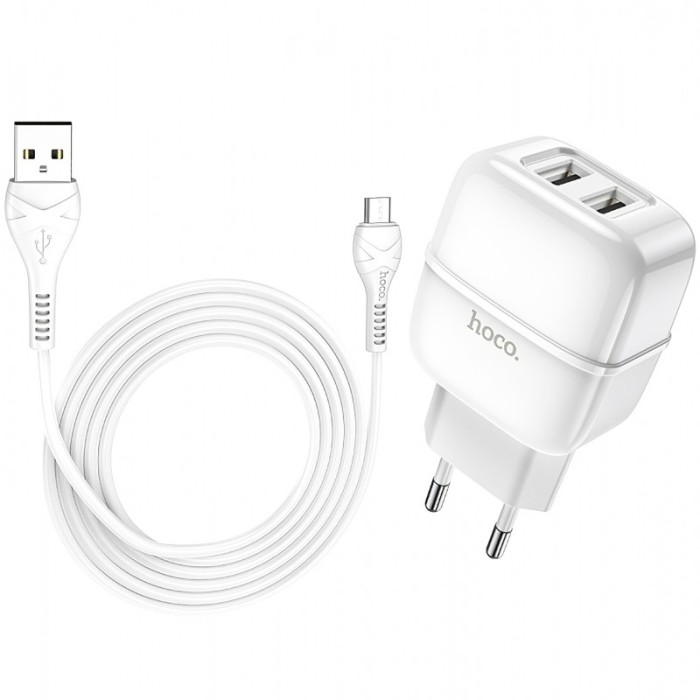 Incarcator Retea cu cablu MicroUSB HOCO C77A, 2 X USB, Alb
