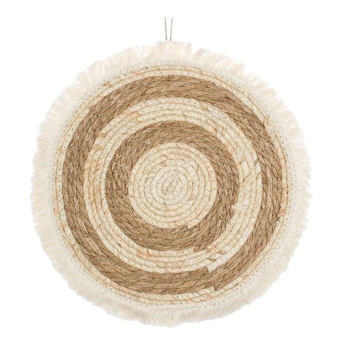 Decoratiune pentru perete rotunda, cu franjuri scurte, Bej/Maro, 40 cm