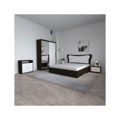 Dormitor Dante, 5 Piese, Pat Dante 160 X 200, 2Noptiere, Dulap cu oglinda, Comoda Mirela, Culoare Wenge/Alb