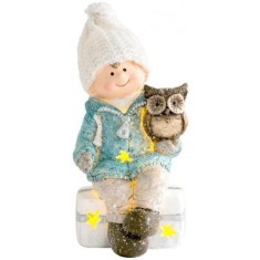 Decoratiune iarna, polirasina, baiat cu bufnita asezati pe taburet, LED, 10.5x10.5x19.5 cm GartenVIP DiyLine