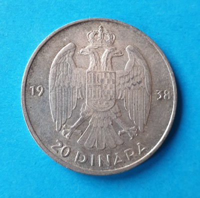 Moneda veche din argint 20 Dinari 1938 - Yugoslavia foto