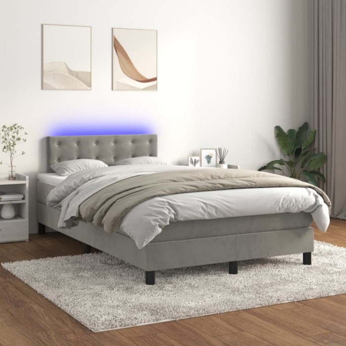 vidaXL Pat cu arcuri, saltea și LED, gri deschis, 120x200 cm, catifea 3134633
