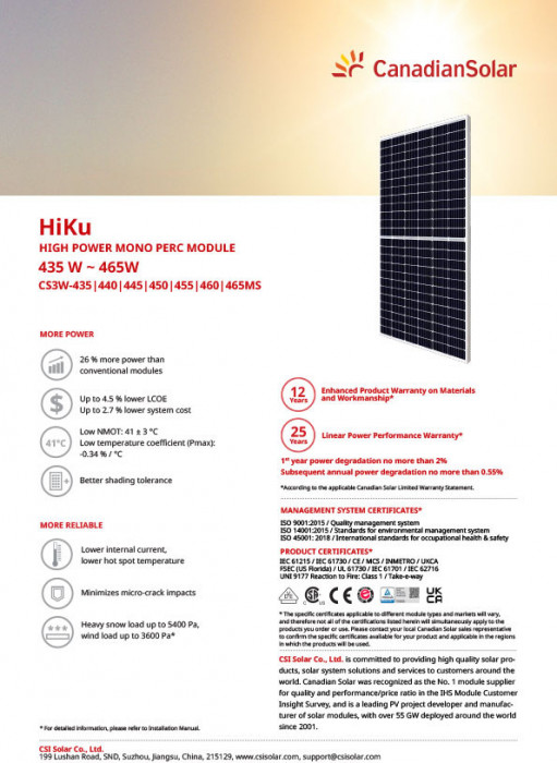 Panou fotovoltaic monocristalin Canadian Solar 455 Wp, CS3W-455MS