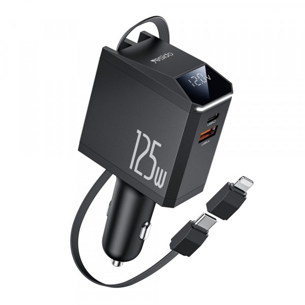 Incarcator Auto Cu Cablu USB-C / Lightning Yesido Y71 Display, 125W, 3A, 1 x USB-A - 1 x USB-C, Negru