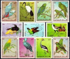 229-AJMAN 1969-PASARI-Doua serii de timbre de cate 13 exemplare Dantelat si NDT