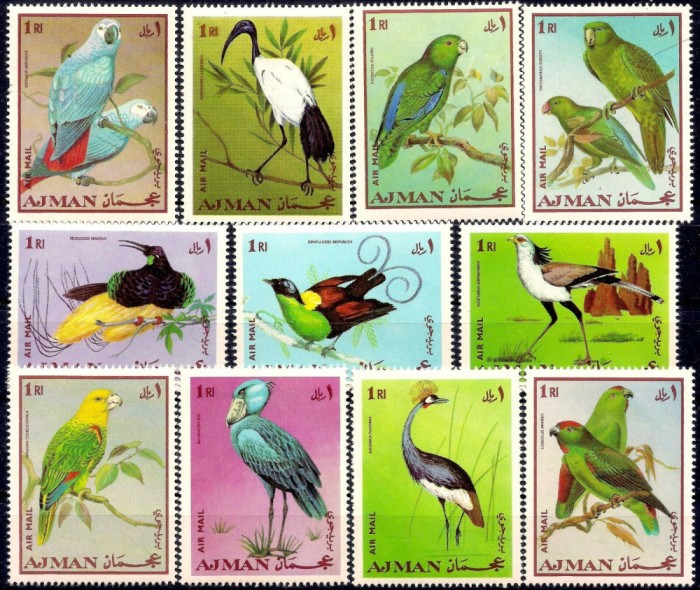229-AJMAN 1969-PASARI-Doua serii de timbre de cate 13 exemplare Dantelat si NDT
