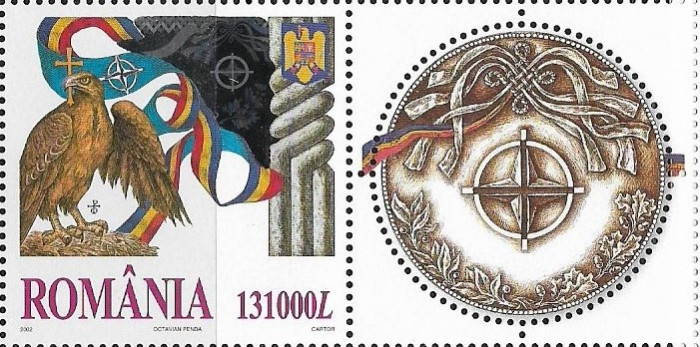 2002-LP 1598a-Romania invitata in NATO, marca cu holograma cu vinieta