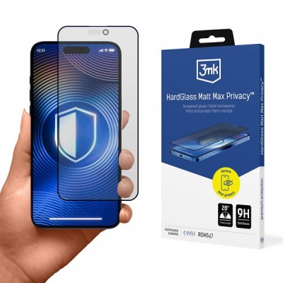 Folie de protectie Ecran Matte Privacy 3MK HardGlass Max pentru Apple iPhone 17 Pro, Sticla Securizata, Full Glue foto