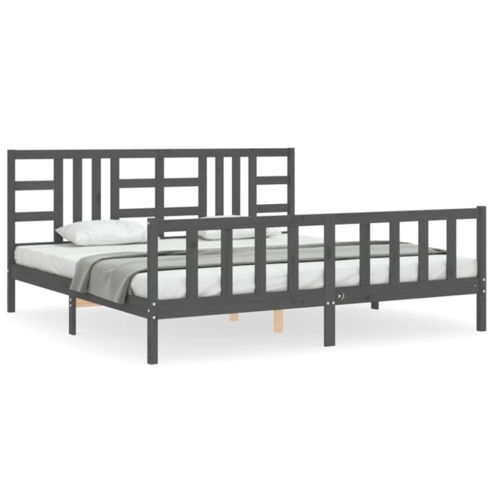 Cadru pat cu tablie 200x200 cm, gri, lemn masiv