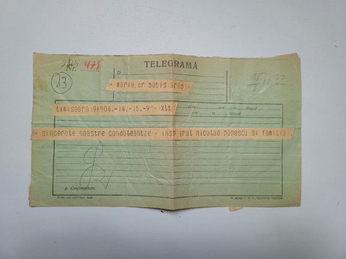 Telegrama condoleante insp. gen. Nicolae Popescu - Maria Botis, Timisoara 1940!