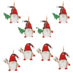 Set Ornamente Crăciun Lemn, Figurine Gnome, Căciulă Roșie Carouri, 8 Bucăți