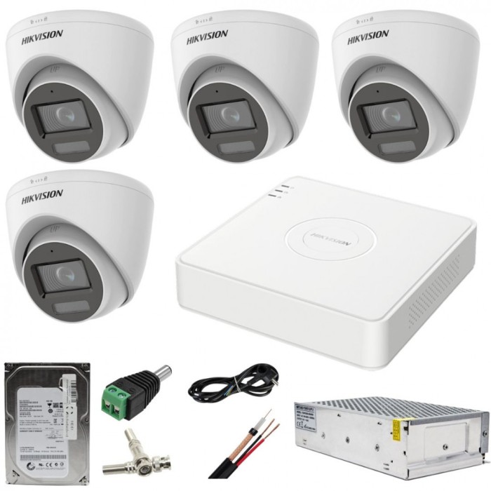 Sistem supraveghere Hikvision 4 camere 5MP Dual Light WL 20m IR 20m DVR 4MP AcuSense cu accesorii incluse HDD 500GB SafetyGuard Surveillance