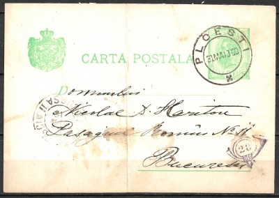 ROM&amp;Acirc;NIA 1900 - CARTĂ POȘTALĂ - &amp;Icirc;NTREG POȘTAL CU MARCĂ FIXĂ - EXPEDIATĂ DE LA PLOIEȘTI LA BUCUREȘTI (C26) foto
